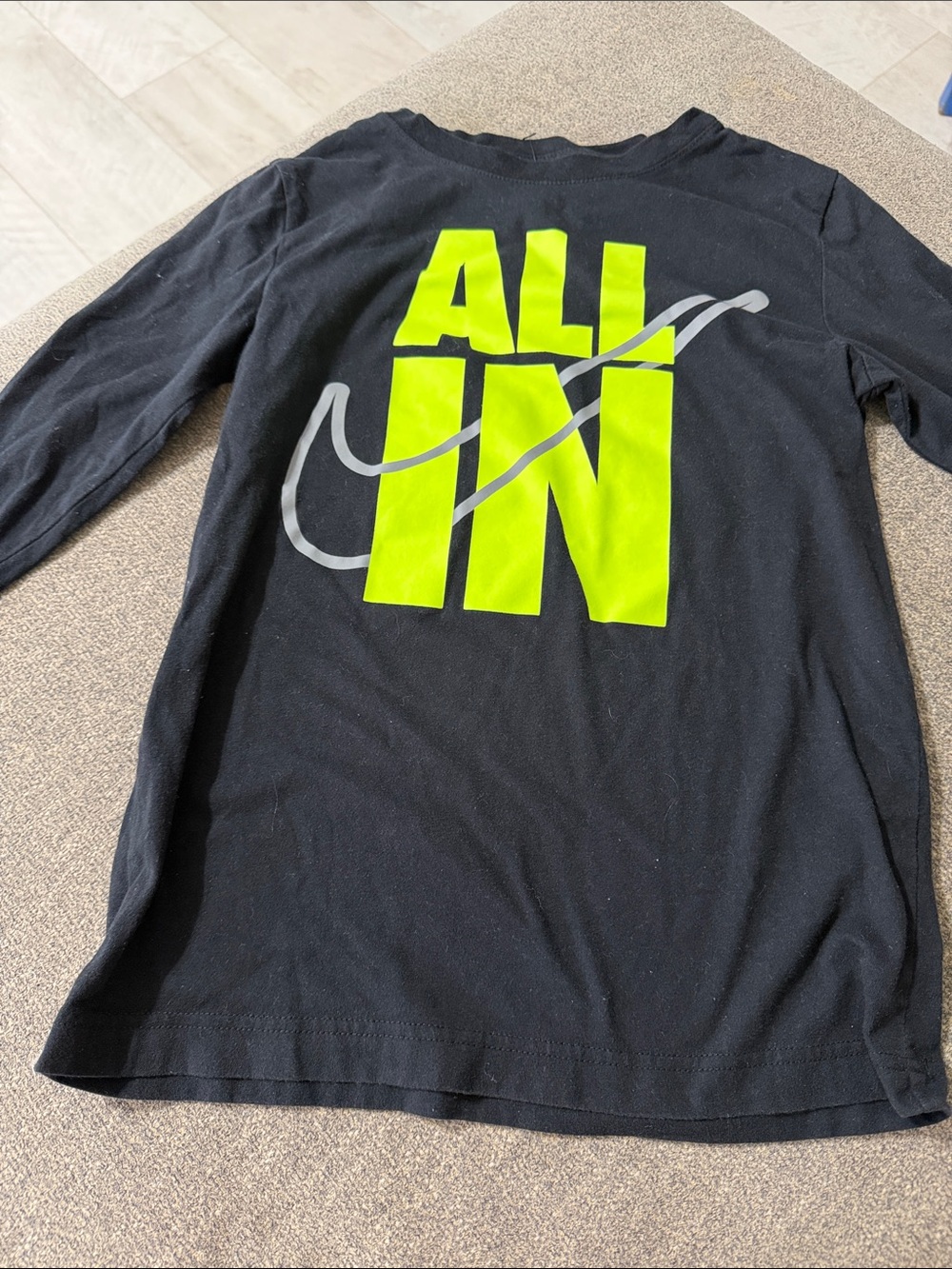 Nike Kids Black Long Sleeve Tee with Neon Yellow "ALL IN" Graphic